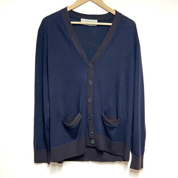 CARDIGAN Brand 100% Merino Wool Boyfriend Button Cardigan Navy/ Brown Sz L - Picture 1 of 5